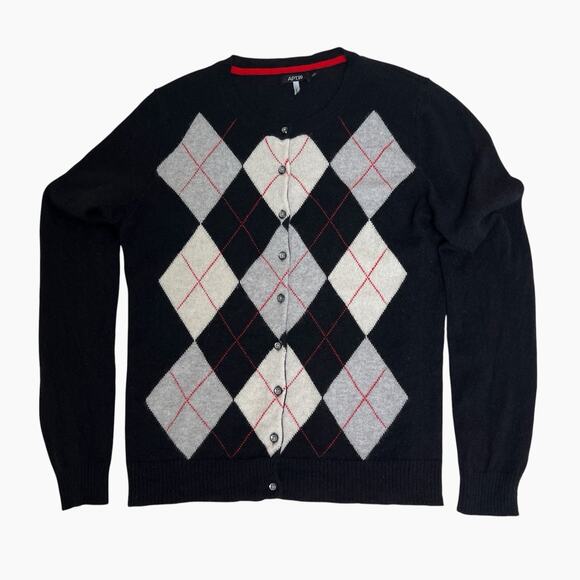 Cashmere Sweater Womens Large Apt 9 Cardigan Black Gray Argyle Preppy Academia - Picture 3 of 6